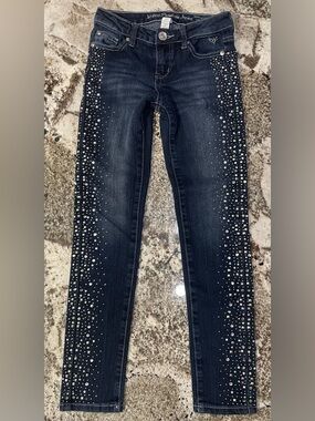 Girls' Dark Blue Embellished Skinny Simply Low Jeans with Rhinestone Detail
